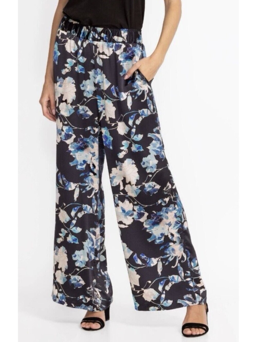 Johnny Was Workshop Silk Wide Leg Pants Black Floral Chryssy Print Pockets XL